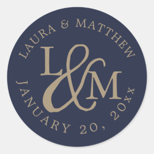 Marine Blauw Bruiloft Monogram Ronde Sticker