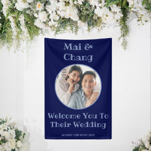 Marine Blauw Bruiloft Welkomstbord Paar Foto Banne Spandoek