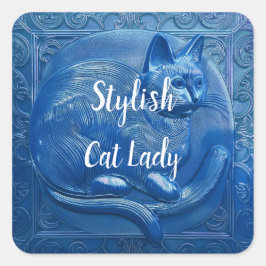 Marine blauw Custom Art Nouveau kat Stijlvolle Cat Vierkante Sticker