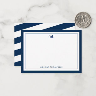 Marine Blauw Dubbele Grens Modern Monogram Gestree Notitiekaartje