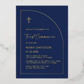 Marine Blauw & Echt Gouden Folie Communie Nodigt u Folie Uitnodiging (Voorkant)