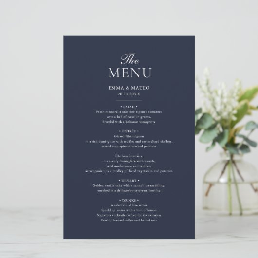 Marine Blauw Elegant Minimalistisch Trouwmenu (Staand voorkant)