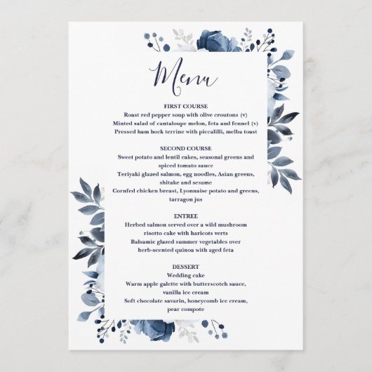 Marine Blauw Elegante Land Bloemen Huwelijk Menu (Voorkant)