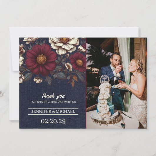 Marine Blauw en Bourgondië Bloemen Huwelijk Bedankkaart (Voorkant)