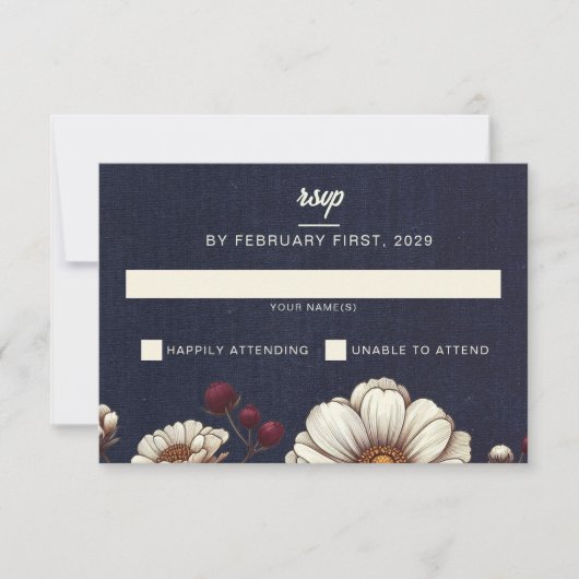 Marine Blauw en Bourgondië Bloemen Huwelijk RSVP Kaartje (Voorkant)