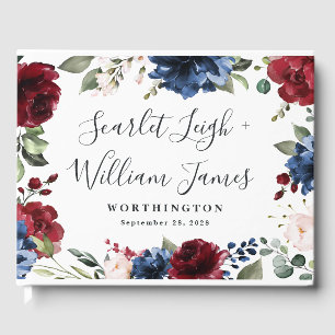 Marine Blauw en Bourgondië Blush Roze Bloemen Brui Gastenboek
