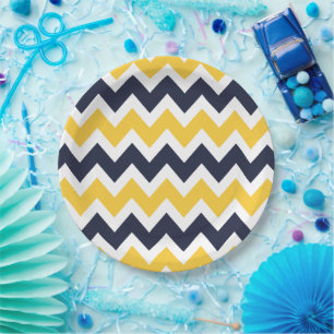 Marine Blauw en Geel Chevron Papieren Bordje
