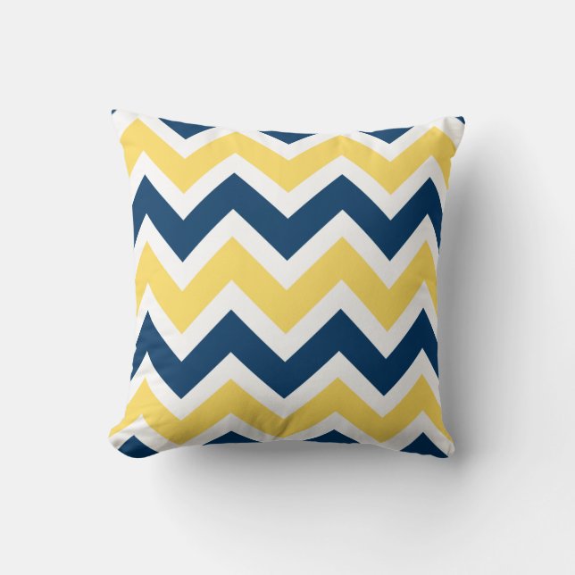 Marine Blauw en Geel Chevron Zigzag Patroon Kussen (Voorkant)