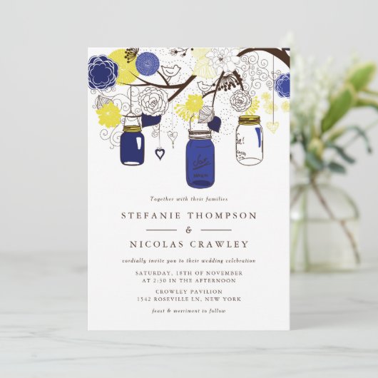 Marine Blauw en Geel Hanging Mason Jars Wedding Kaart (Staand voorkant)