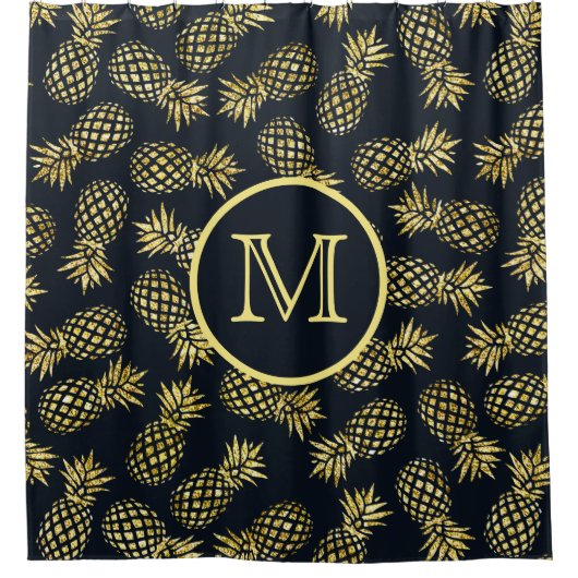 Marine Blauw en Goud Ananas Monogram Douchegordijn (Voorkant)