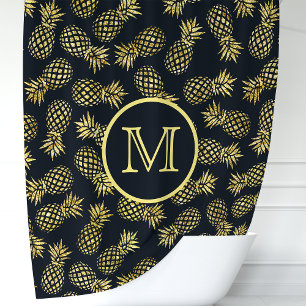 Marine Blauw en Goud Ananas Monogram Douchegordijn