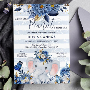 Marine Blauw en Goud Bloemen Olifant Baby Jongen D Kaart