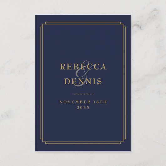 Marine blauw en goud deco bruiloft gastgegevens informatiekaartje (Achterkant)