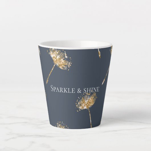 Marine Blauw en Goud Faux Glitter Paardenbloem Blo Latte Mok (Voorkant)