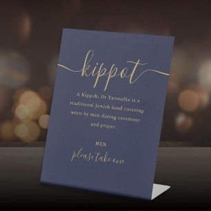 Marine blauw en goud joods bruiloft kippot keppelt reclamebord met voetstuk