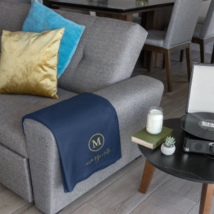 Marine blauw en goud monogram fleece deken