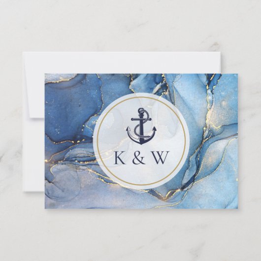 Marine blauw en goud monogram nautische bruiloft RSVP kaartje (Achterkant)