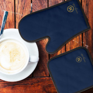 Marine blauw en goud monogram ovenwant & pannenlap set