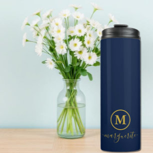 Marine blauw en goud monogram thermosbeker
