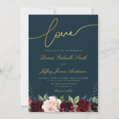 Marine blauw en goud script bordeaux bloemenbruilo kaart (Voorkant)