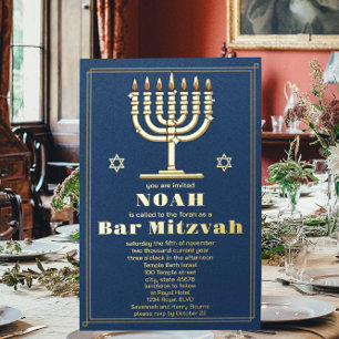 Marine Blauw en Gouden Ster van David Bar Mitzvah Folie Uitnodiging