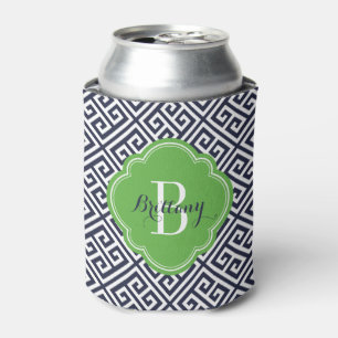 Marine Blauw en Groen Grieks Sleutel Monogram Blikjeskoeler