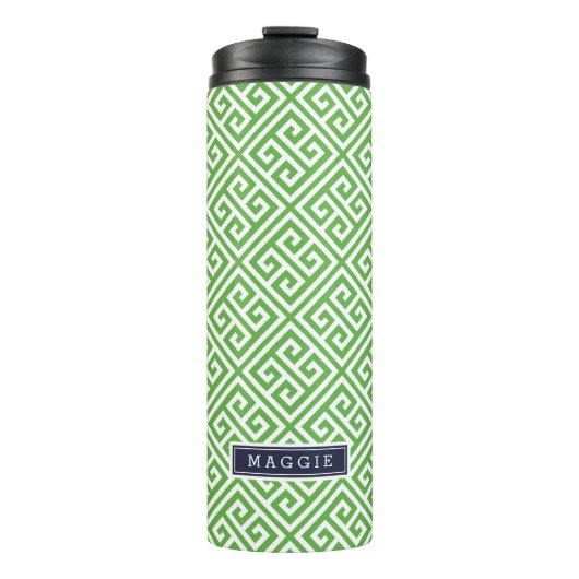 Marine Blauw en Groen Grieks Sleutel Monogram Thermosbeker (Voorkant)