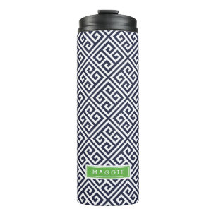 Marine Blauw en Groen Grieks Sleutel Monogram Thermosbeker