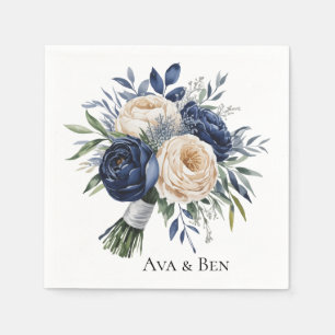 Marine Blauw en Ivoor Bloemen Huwelijk Servet
