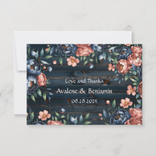 Marine Blauw en Koper Pioenboeket Hout Wedding Bedankkaart