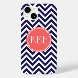 Marine Blauw en Koraal Modern Chevron Custom Monog Case-Mate iPhone 14 Hoesje