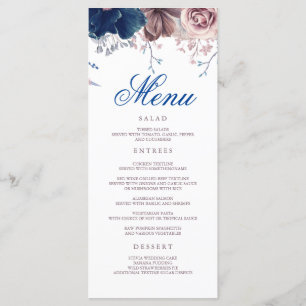 Marine Blauw en Mauve Floral Modern Wedding Menu's