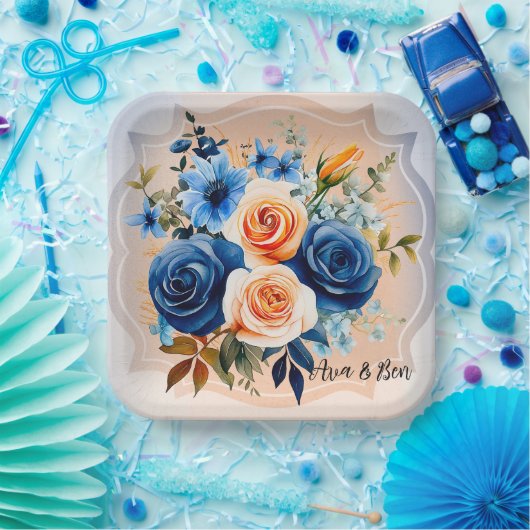 Marine Blauw en Perzik Geschilderd Bloemen Huwelij Papieren Bordje (Feest)
