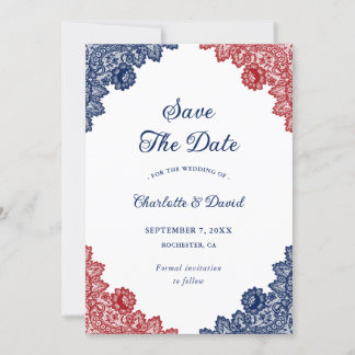 Marine Blauw en Rode Bloemen Kant Rustieke bruilof Save The Date