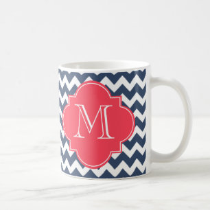 Marine Blauw en Rode Chevron Custom Monogram Koffiemok