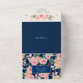 Marine Blauw en roze bloemen Budget Huwelijk All In One Uitnodiging (Buitenkant)