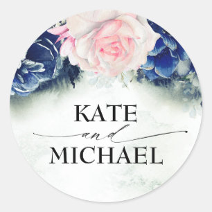 Marine Blauw en Roze Bloemen Elegant Modern Ronde Sticker