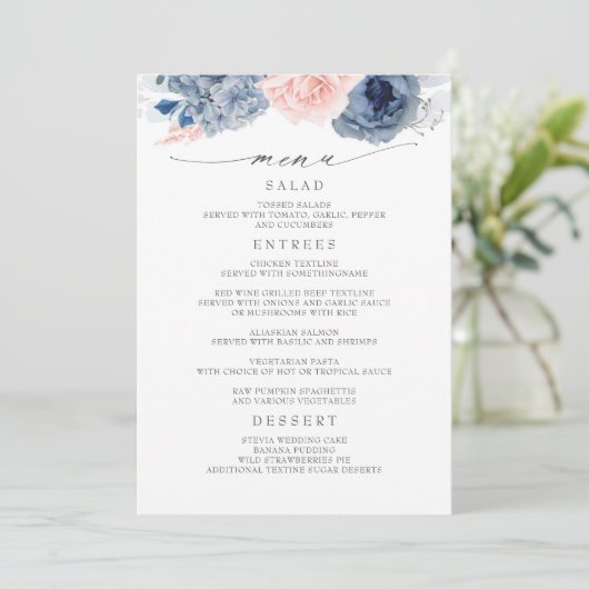 Marine Blauw en Roze Bloemen Modern Bruiloft Menu (Staand voorkant)