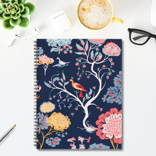 Marine Blauw en Roze Bloemen Vogels Patroon Notitieboek