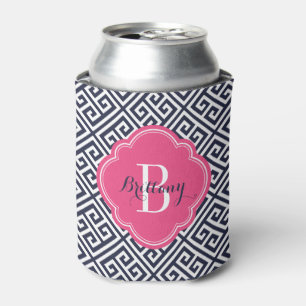 Marine Blauw en Roze Griekse Sleutel Monogram Blikjeskoeler