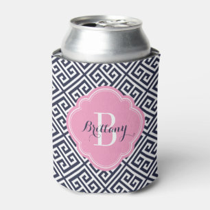 Marine Blauw en Roze Griekse Sleutel Monogram Blikjeskoeler