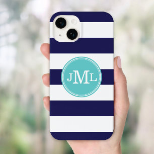 Marine Blauw en Turquoise Brede Streep Monogram Case-Mate iPhone 14 Hoesje