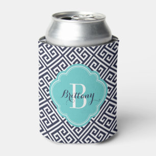 Marine Blauw en Turquoise Griekse Sleutel Monogram Blikjeskoeler
