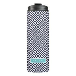 Marine Blauw en Turquoise Griekse Sleutel Monogram Thermosbeker