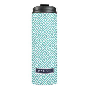 Marine Blauw en Turquoise Griekse Sleutel Monogram Thermosbeker