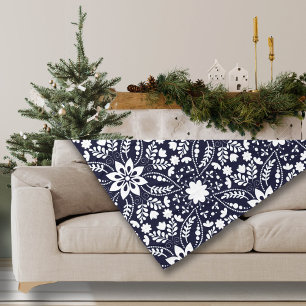 Marine Blauw en Wit Folk Bloemenpatroon Fleece Deken