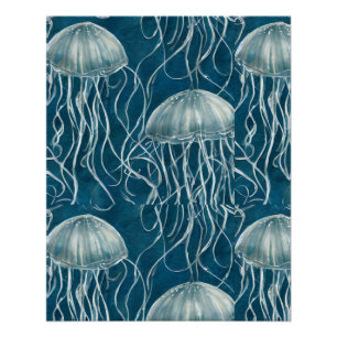 Marine Blauw en Wit Gelei Vis Patroon Perfect Poster