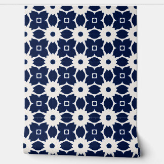 Marine Blauw en Wit Geometrische Bloemen Behang