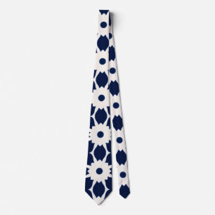 Marine Blauw en Wit Geometrische Bloemen Stropdas