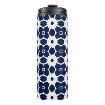 Marine Blauw en Wit Geometrische Bloemen